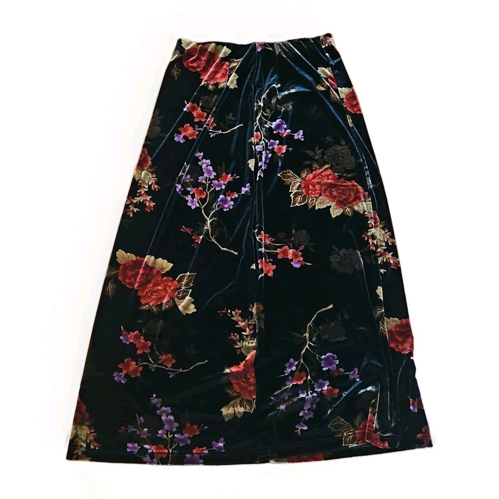 VTG 90s Laura Scott Black Velvet Floral Maxi Skirt Stretchy Whimsigoth Goth Sz L